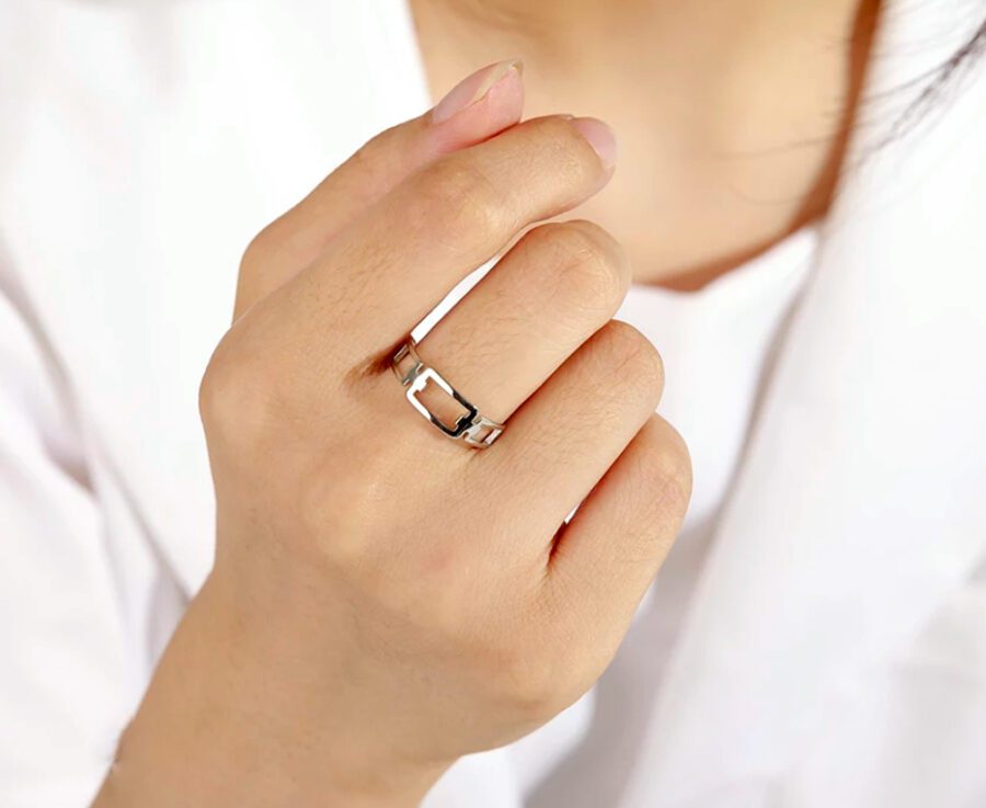 Silver Rectangle Stitching Ring for Women